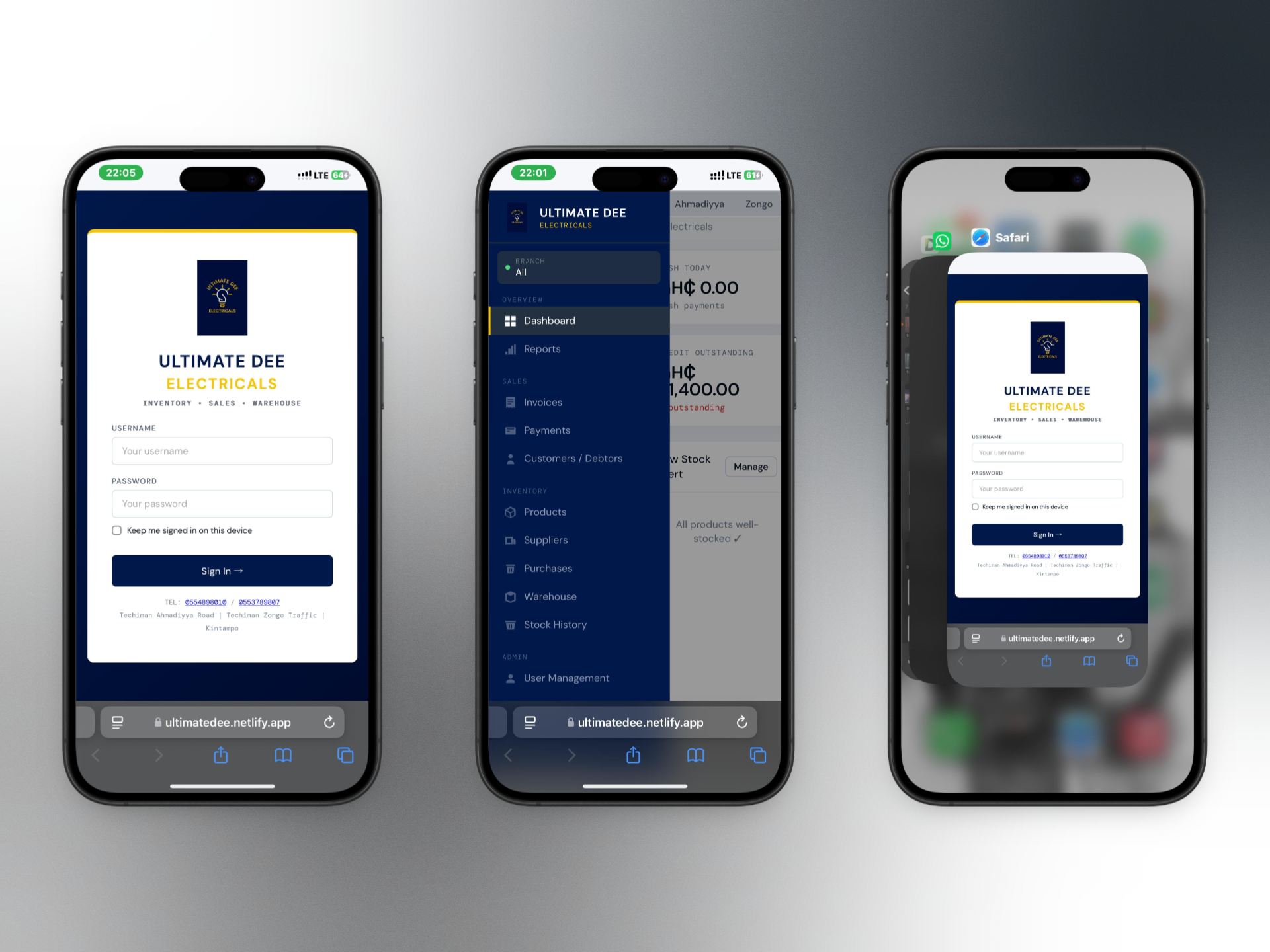 Ultimate Dee Electricals — login and dashboard on mobile