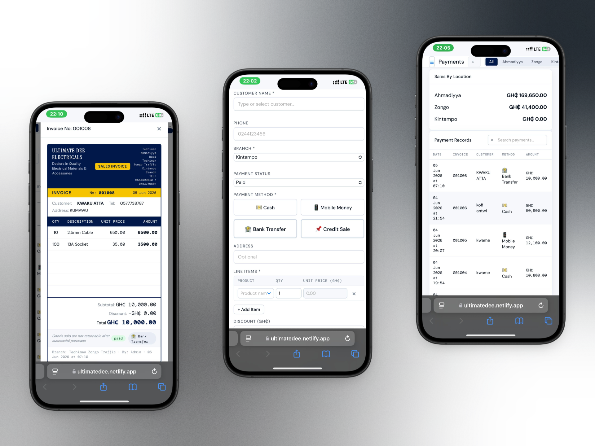 Ultimate Dee Electricals — invoice creation and payment records