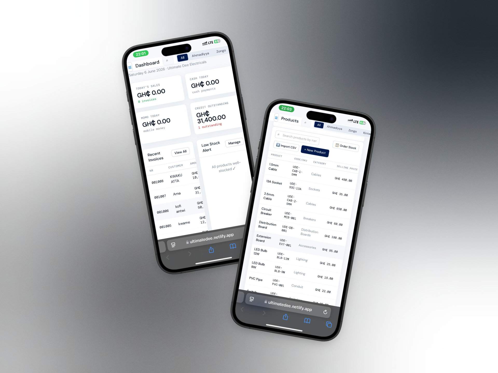 Ultimate Dee Electricals — dashboard and products list