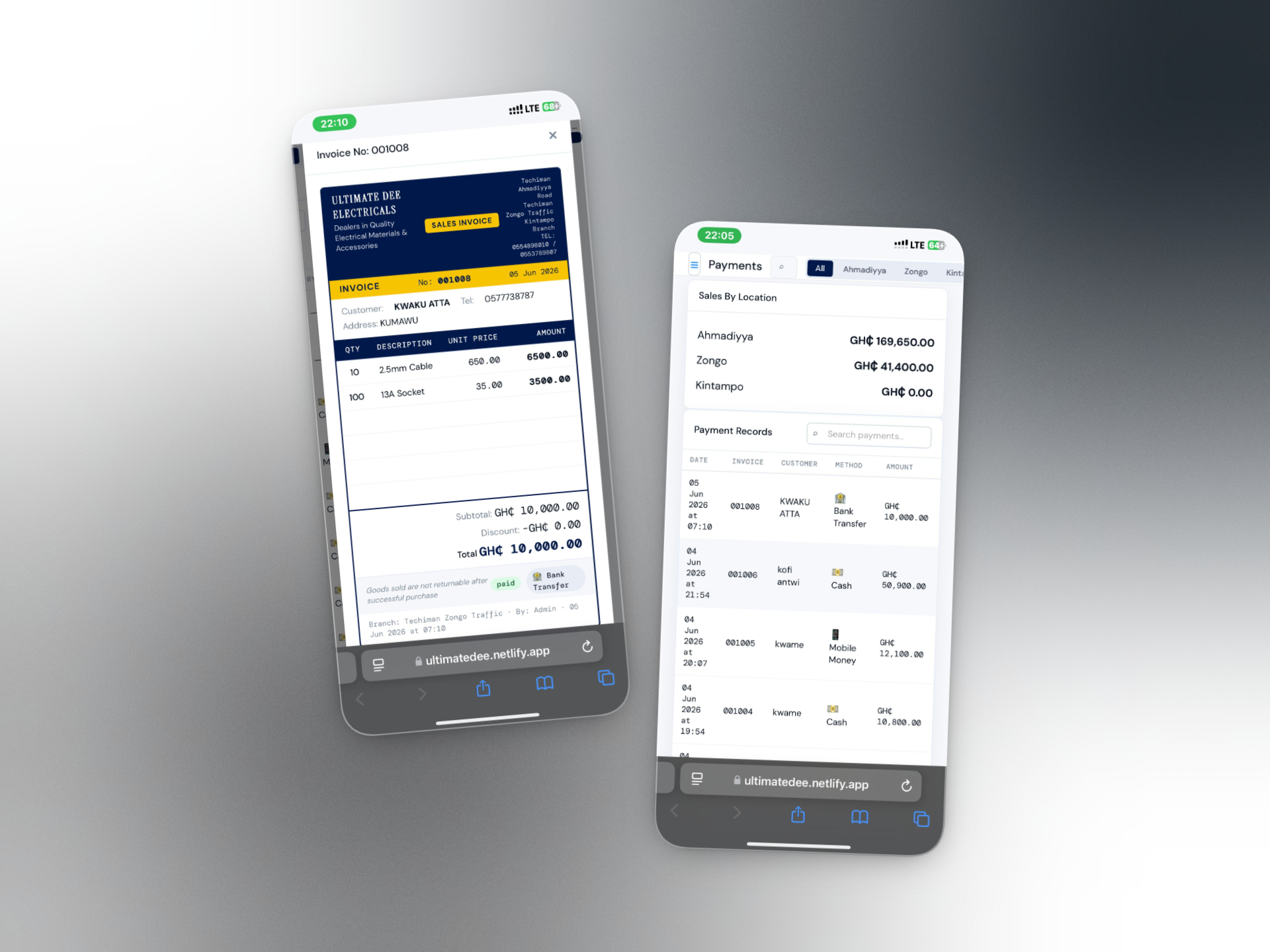 Ultimate Dee Electricals — invoice and payments screens